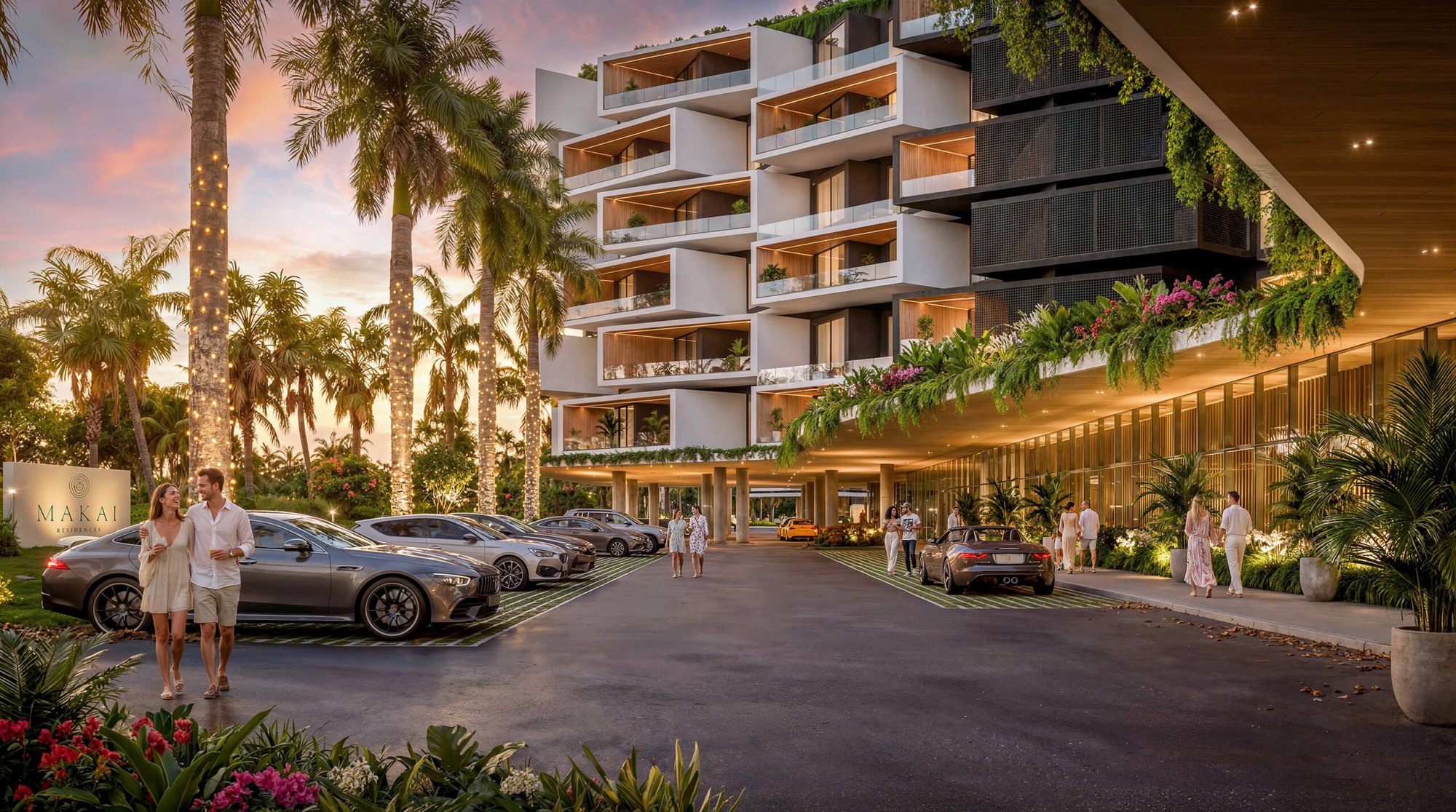 Image de synthèse de l'allée d'arrivée de Makai Residences à Cap Cana au crépuscule : l'entrée que découvre un propriétaire à la livraison des 216 résidences.