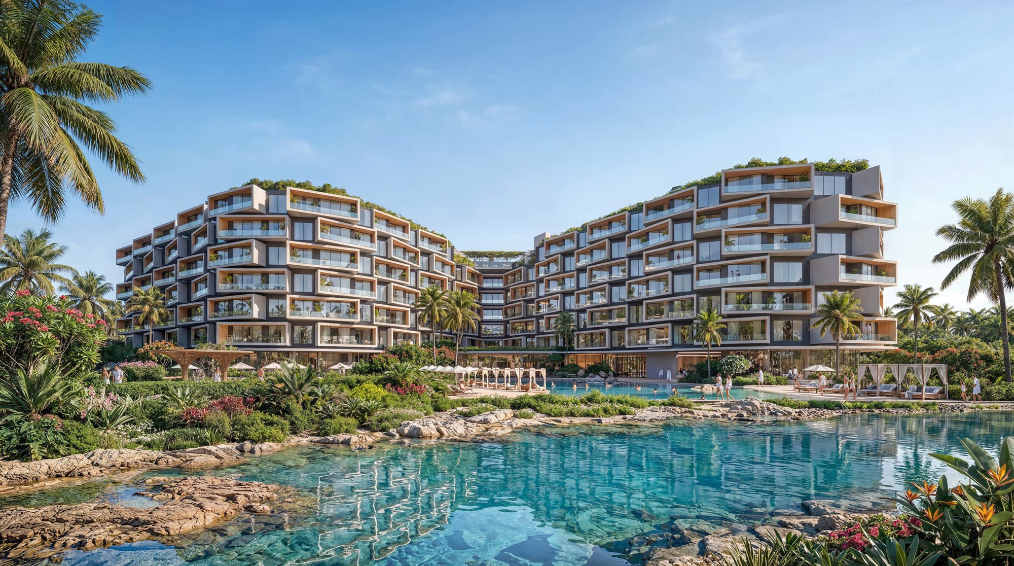 Rendering of Makai Residences seen across its lagoon pool: the two wings that will hold 216 residences, shown before a single floor of them has been built.