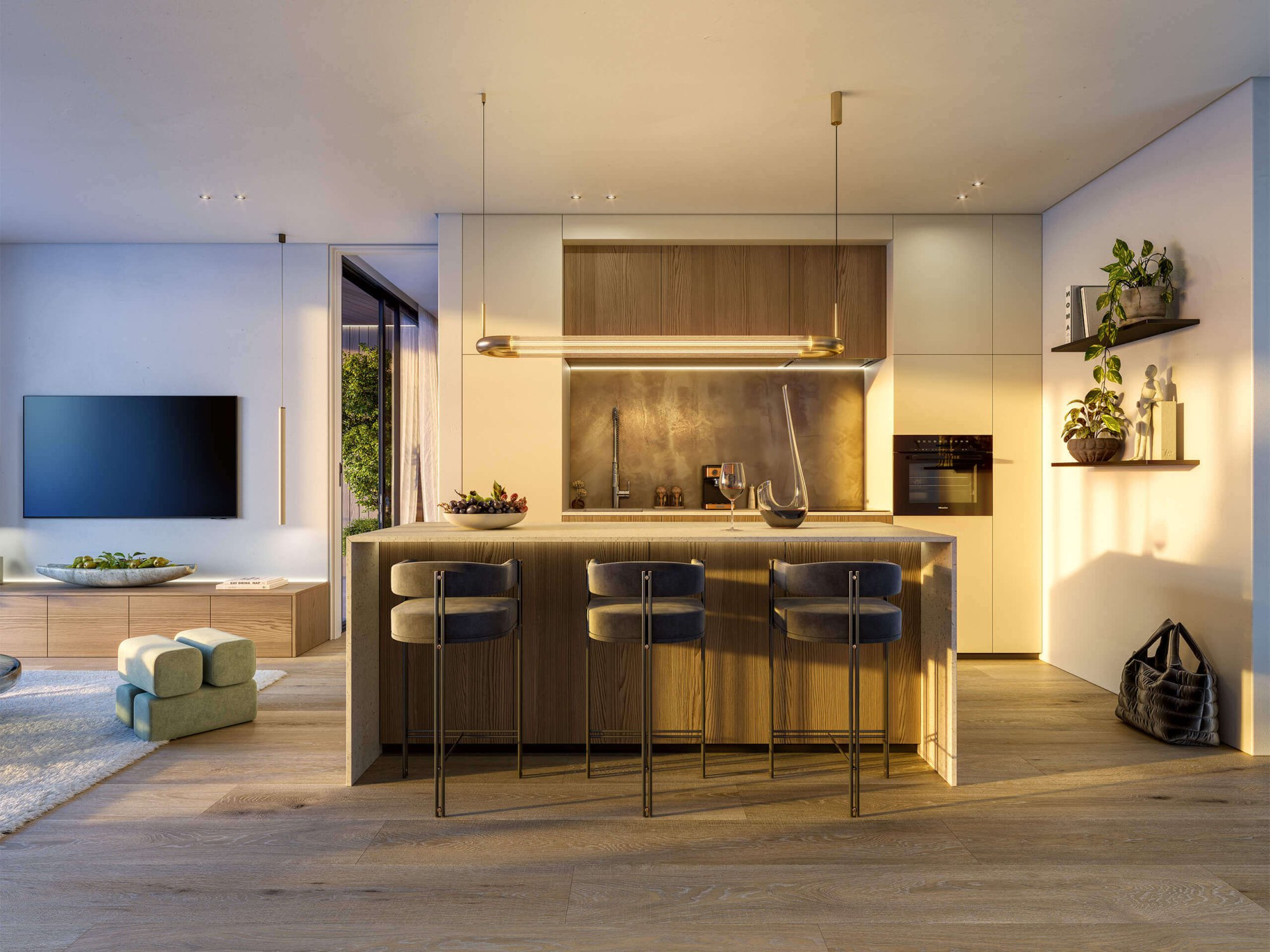 Rendering of a kitchen at Makai Residences, Cap Cana: an island with three navy bar stools and a built-in oven; all 216 residences come furnished.