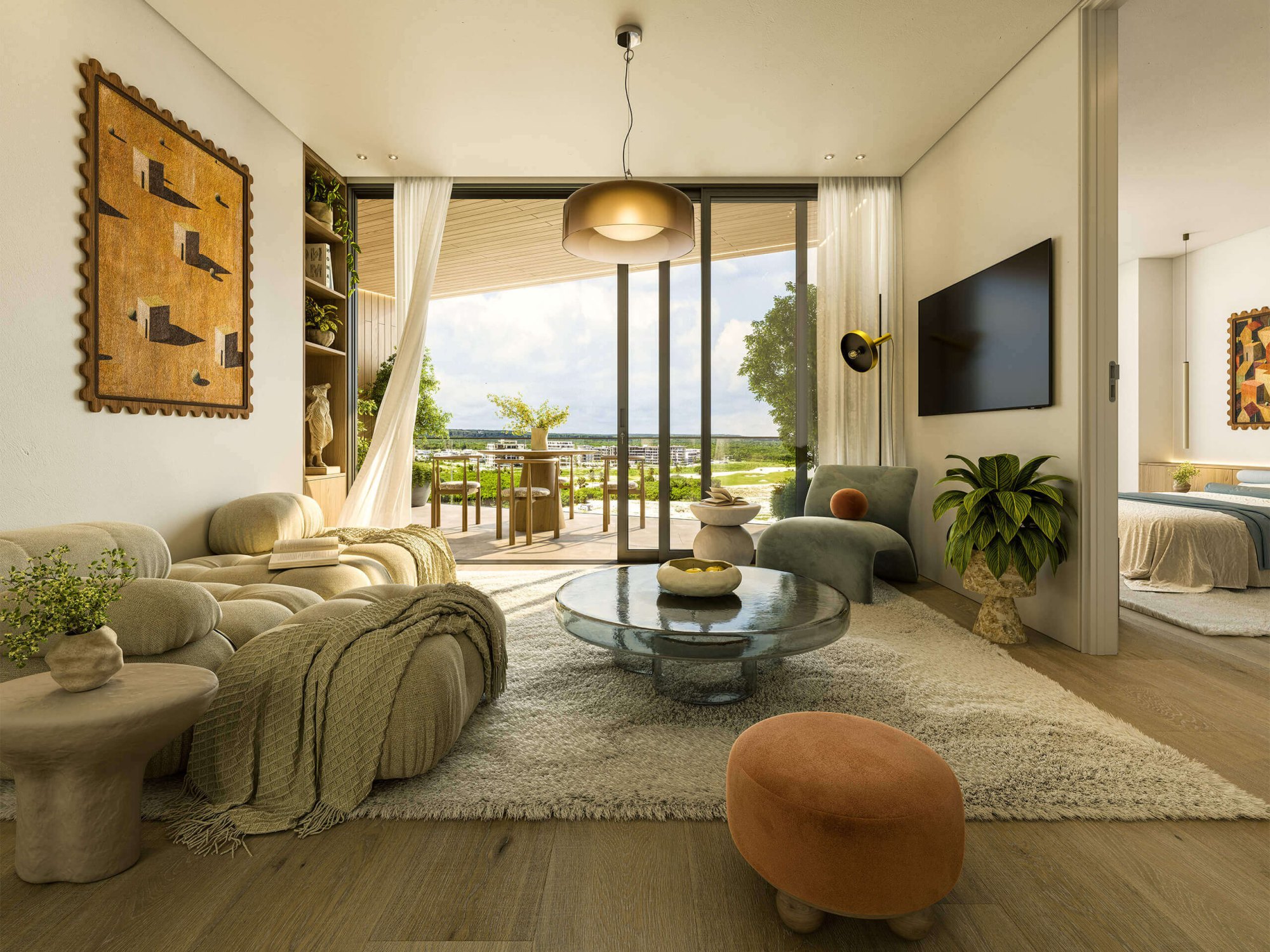 Rendering of a furnished living room opening onto a terrace in a Makai Residences unit in Cap Cana, one of the 216 residences planned.