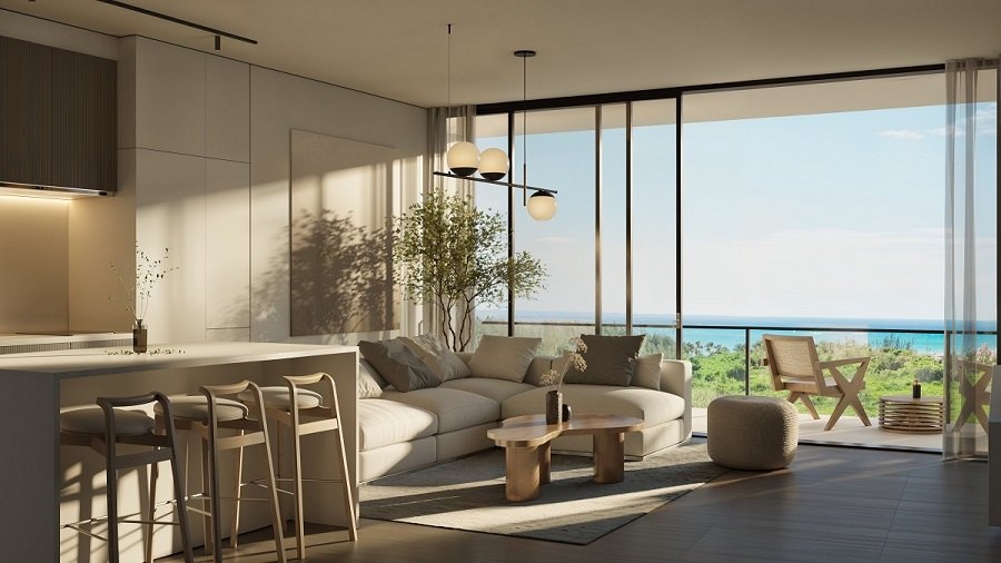Rendering of a furnished living room at Makai Residences in Cap Cana, a 216-residence community whose amenities include a 23-seat private cinema.