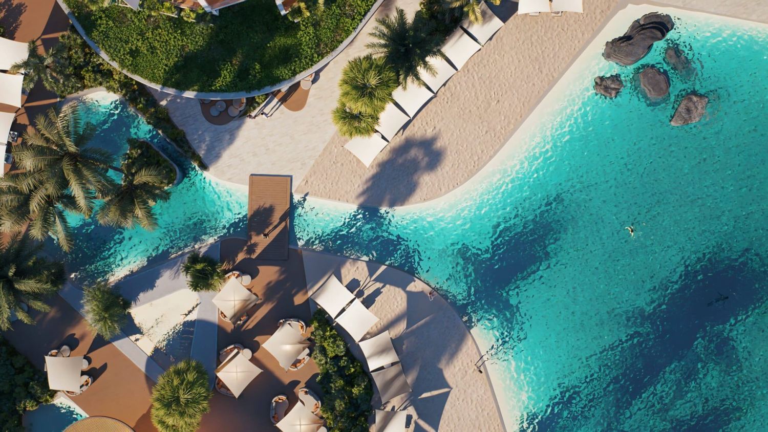Overhead rendering of the lagoon pool and sand-beach deck at Makai Residences, Cap Cana, one of 4 pools planned on site.