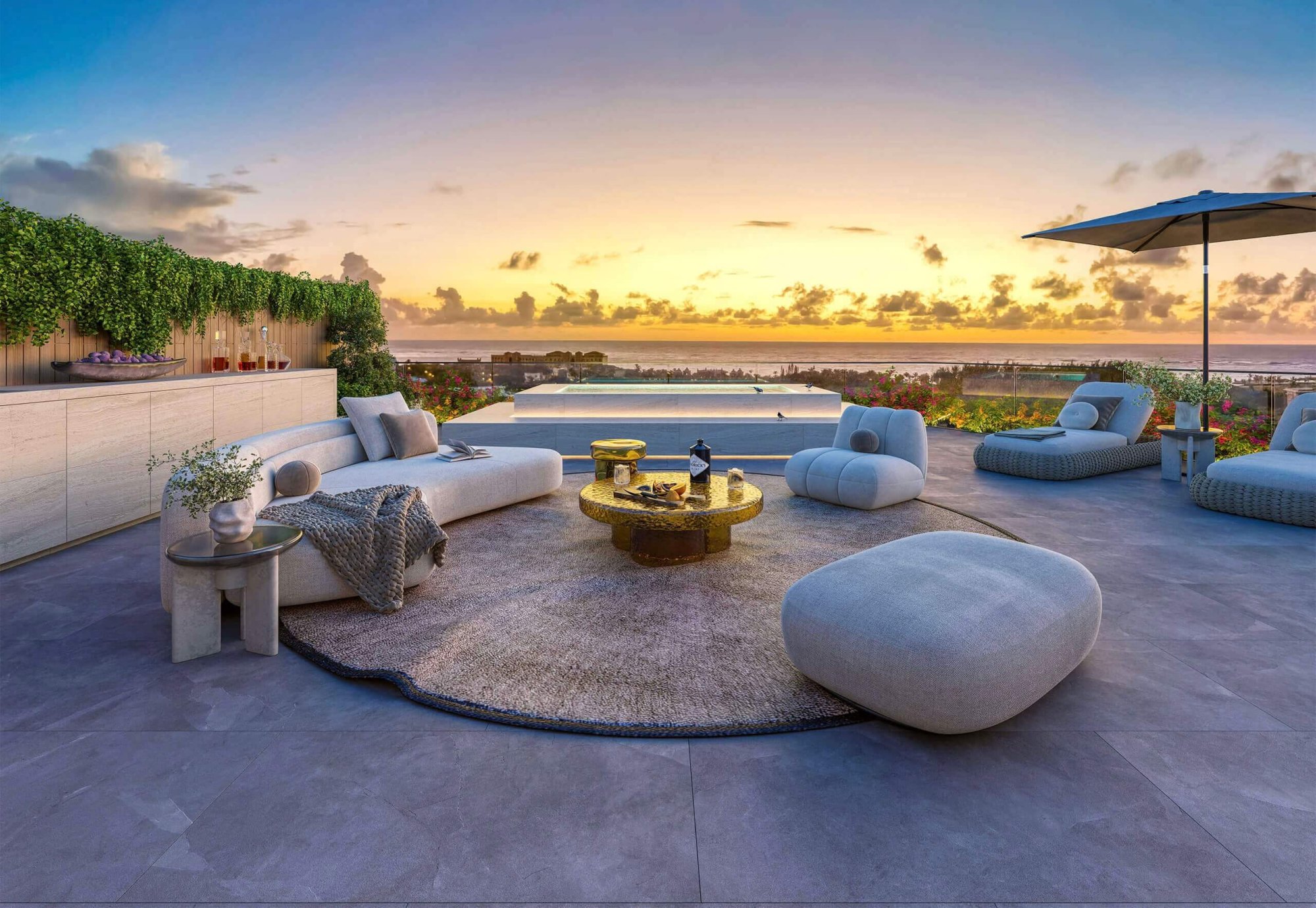 Recreación digital de una terraza privada en la azotea de Makai Residences, Cap Cana: los 1,034 sq ft de azotea que cuenta el área construida de una residencia del último piso.