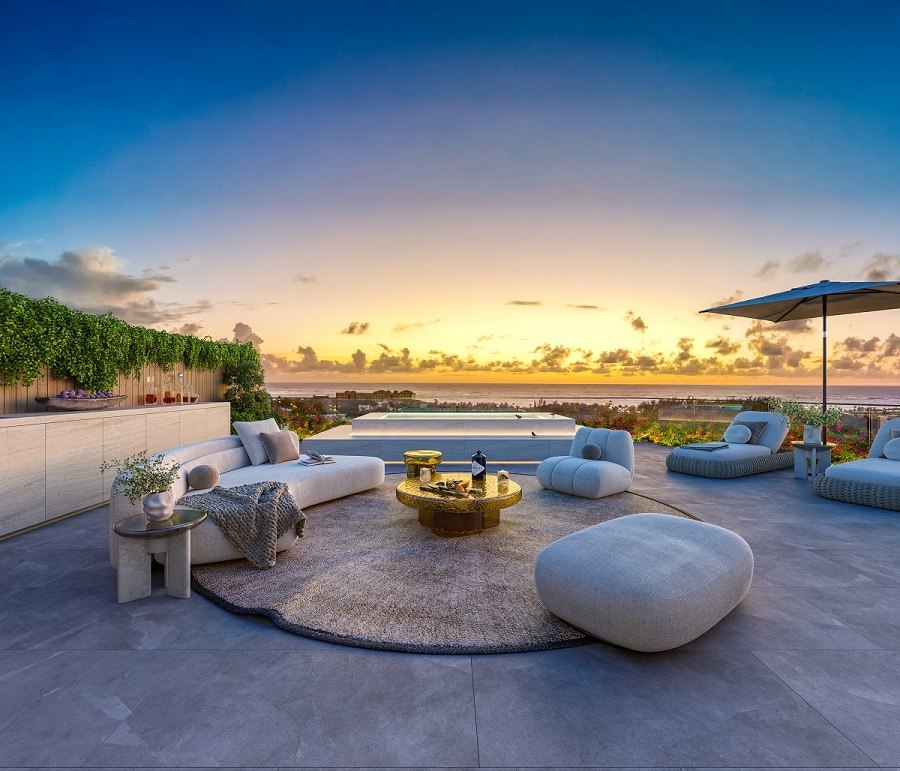 Rendering of a private rooftop terrace at Makai Residences, Cap Cana, with a plunge pool and ocean view; the top-floor terrace adds 1,034 sq ft.