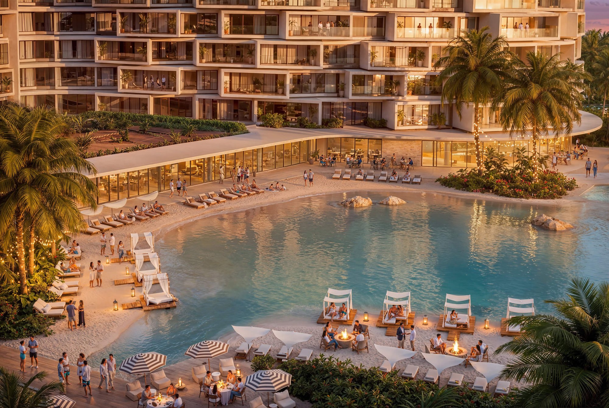 Recreación al atardecer de la piscina tipo laguna con fondo de arena y el beach club de Makai Residences, en Cap Cana: una de las 4 piscinas previstas en este proyecto de 216 residencias.